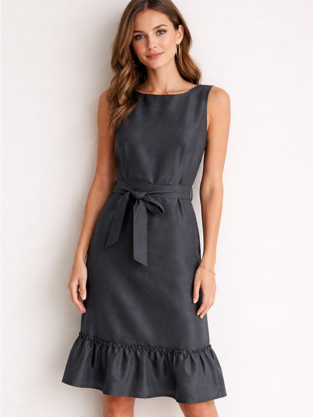 Oscar de la Renta Black Ruffled Tie Front Sheath Midi Dress